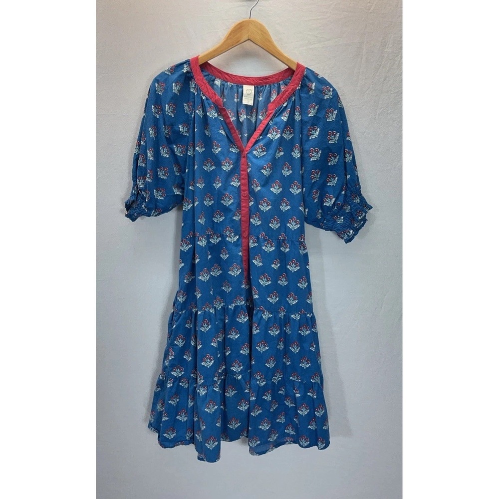 Printfresh x Paper Pencil Co Popover Dress Size M Blue Floral Red Stripe Puff